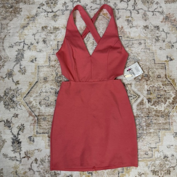 Blue Blush Size M Pink Bodycon V Neck Knit Cutout Back Mini Dress - Picture 11 of 11